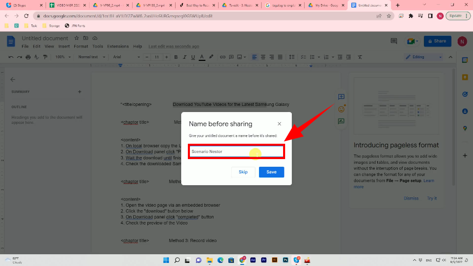 share the scenario, set the document name