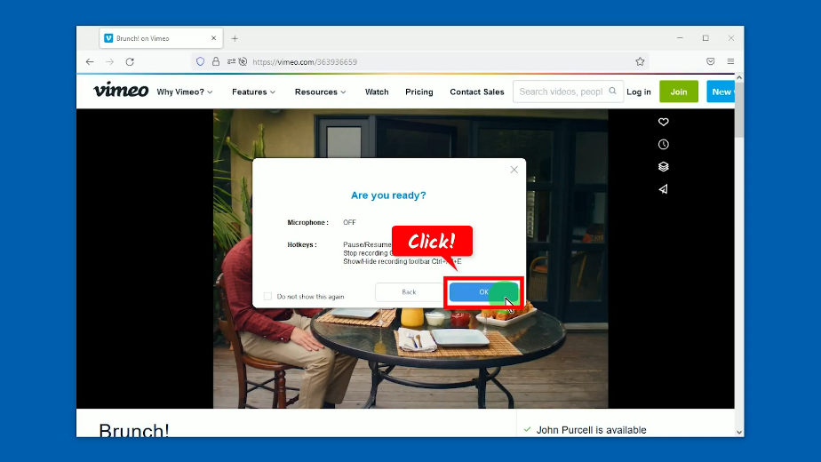 record vimeo video, confirmation prompt