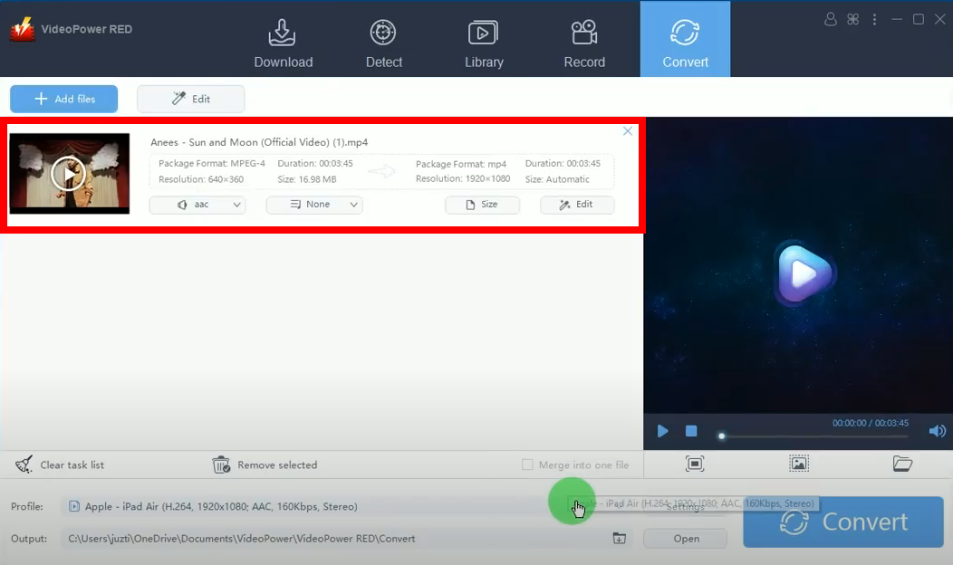 youtube to ipad converter, downloaded video is added to convert function screen
