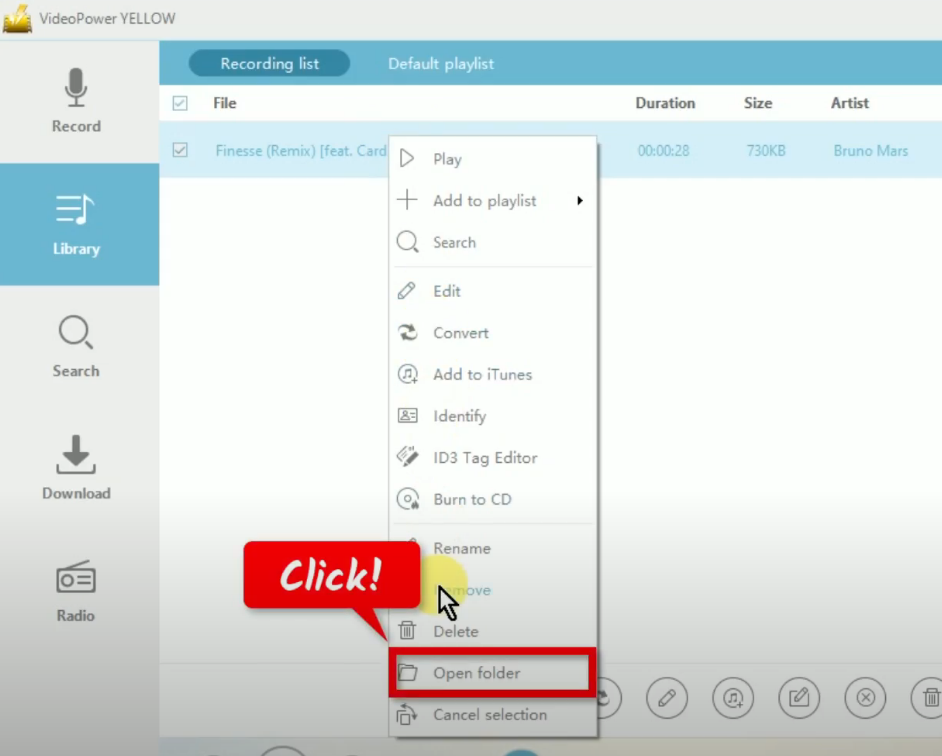 record pandora music, open folder