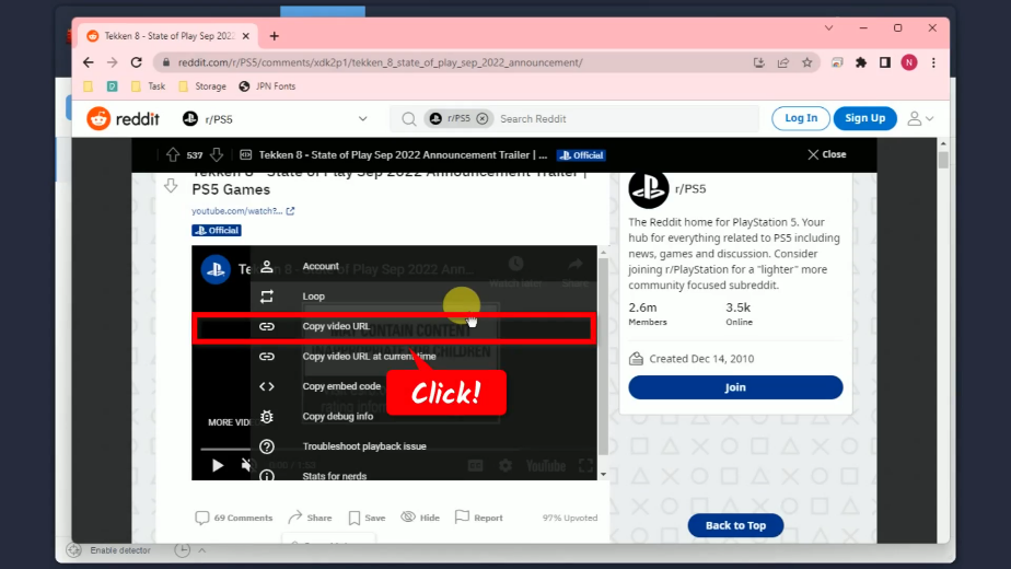 download videos from reddit, copy the video url