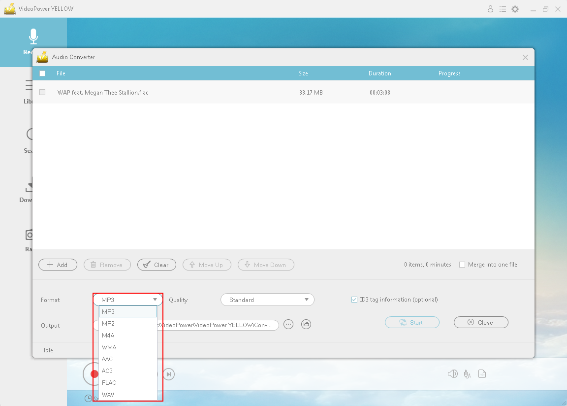 convert flac to mp3, set format to mp3