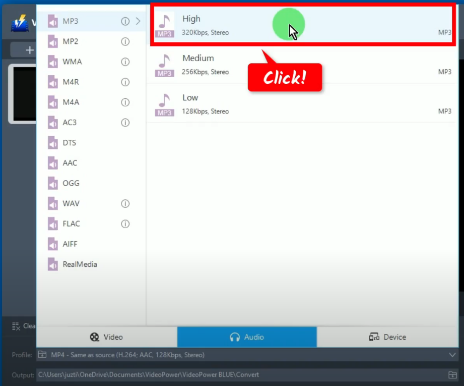 convert mkv video to mp3, set output quality to high