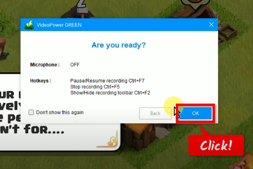 record clash of clans, confirmation prompt