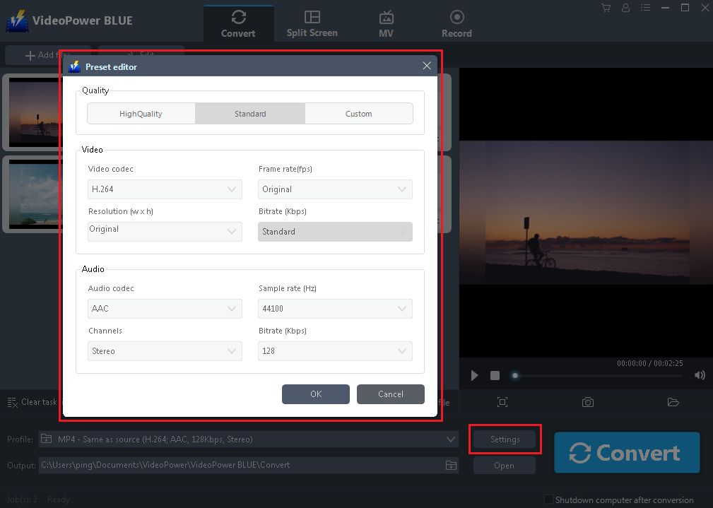 VideoPower BLUE, customize settings, preset editor window