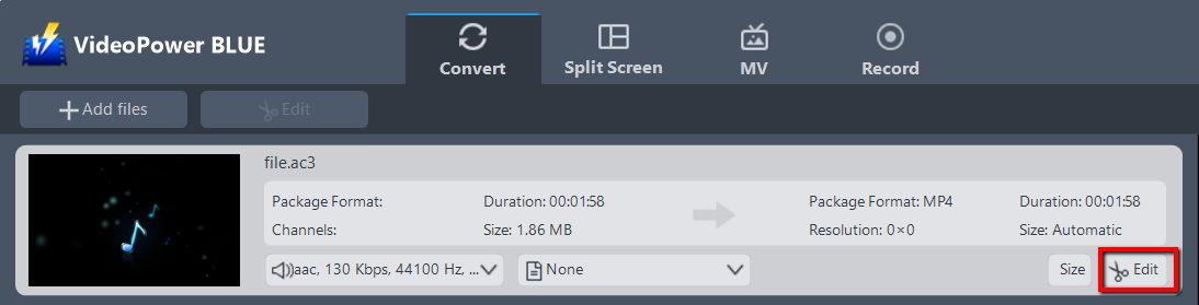 AC3 conversion, VideoPower BLUE edit file.