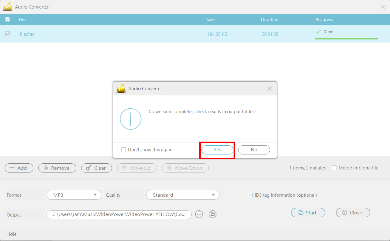 convert FLAC to MP3, VideoPower YELLOW, saved audio file