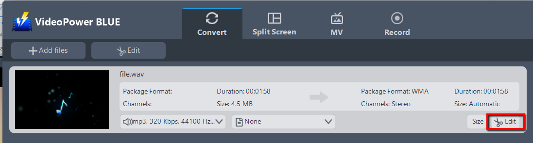 convert WAV to WMA, VideoPower BLUE edit file.