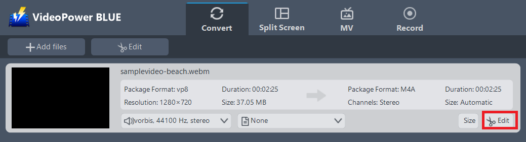 WebMをMP4、VideoPower BLUEに変換、WebMファイルを編集