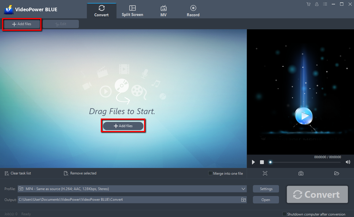 Merge video clips, VideoPower BLUE, add files