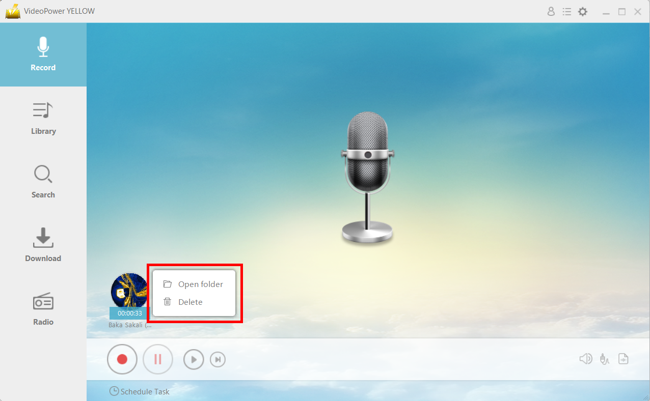 record sound for Windows 8, VideoPower YELLOW, open file location or delete