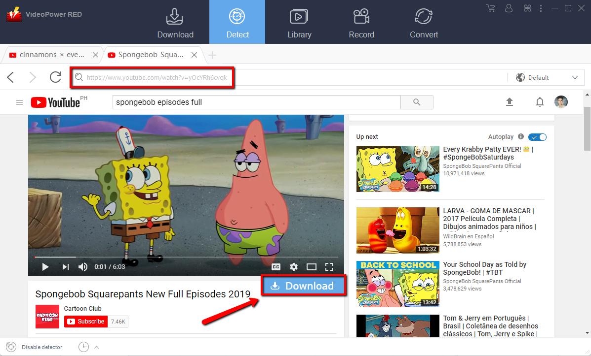 SpongeBob Video downloader, video downloader, VideoPower RED, embedded browser
