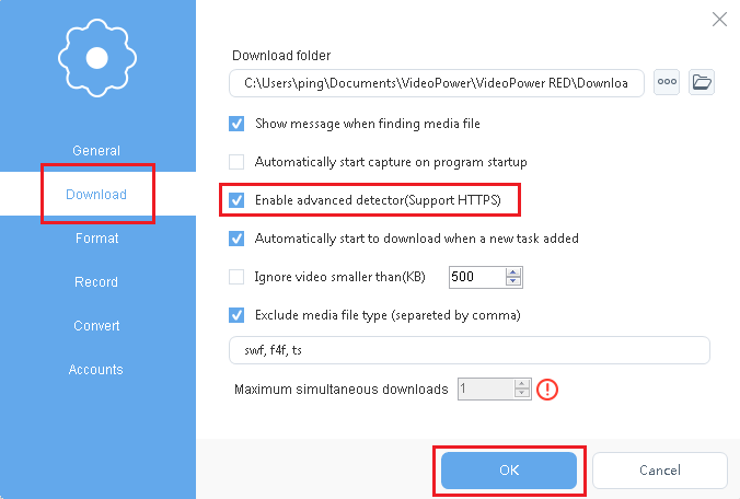 VideoPower RED, Twitch video downloader, external detect, download settings