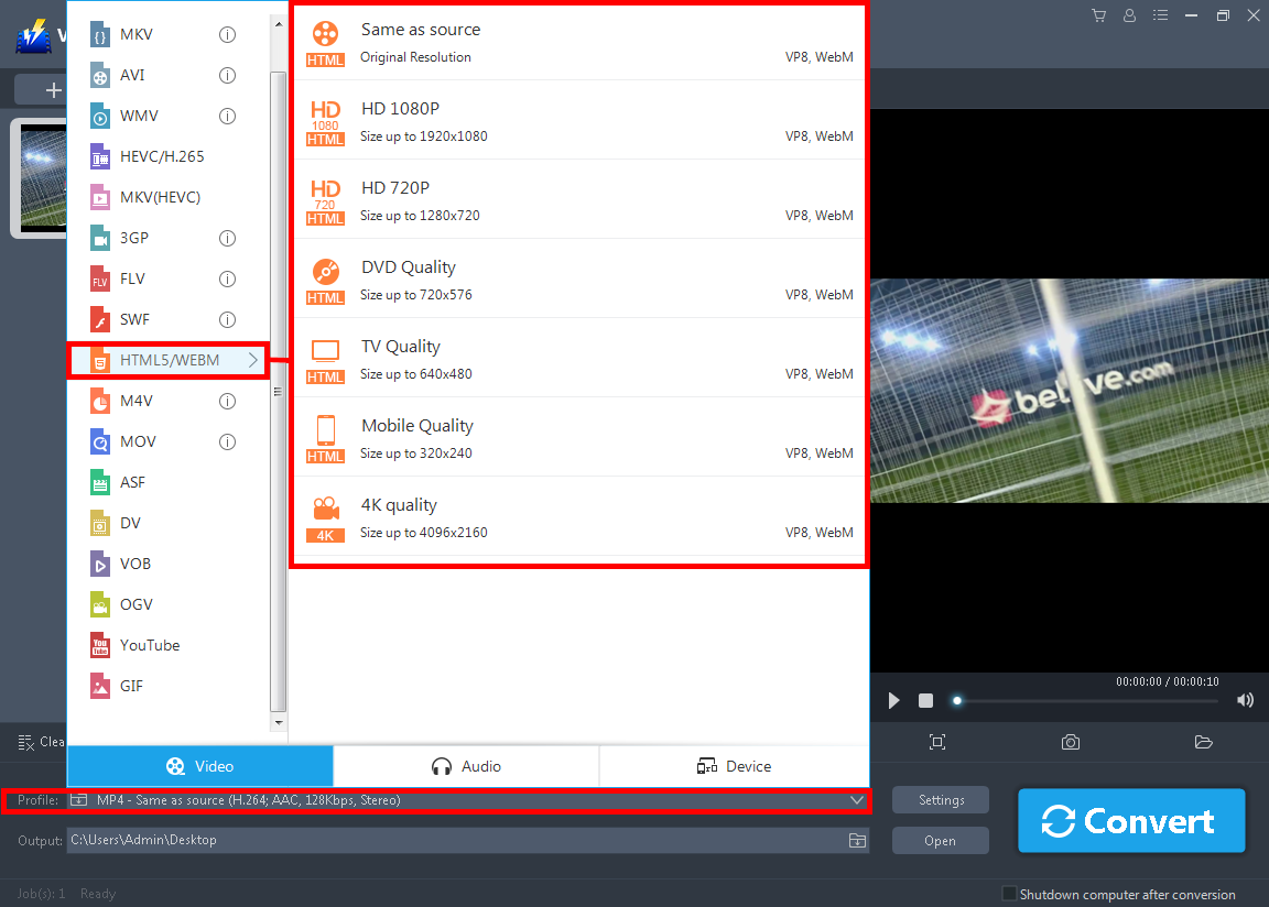Convert video, AVI to WebM converter app, choose the output format