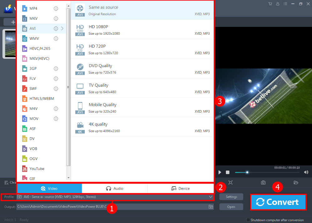 Convert the video, MOV format video download set the output format