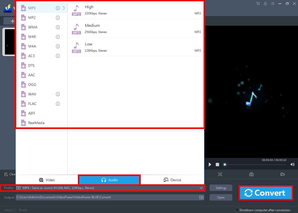 Convert audio, MP3 format means, set the format and convert 