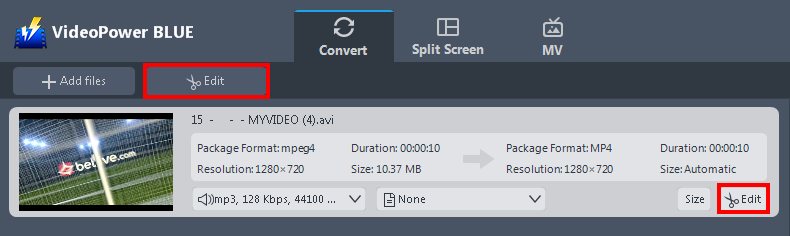 Convert video, convert AVI file to iPhone format, click the edit button.
