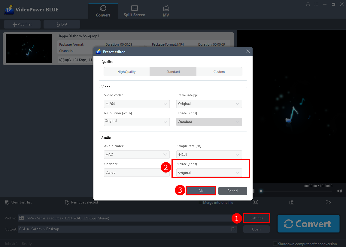 convert audio, software to change the bitrate of MP3, set the bitrate