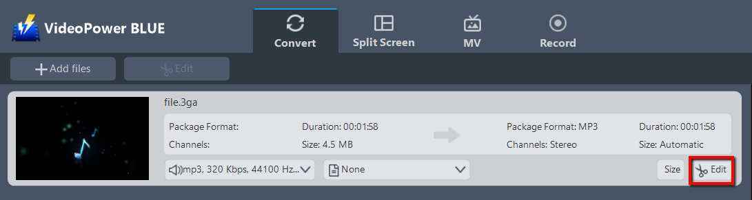 convert 3GA to MP3, VideoPower BLUE edit file.