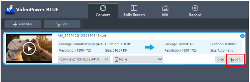 convert ASF to MP4, VideoPower BLUE, Edit files