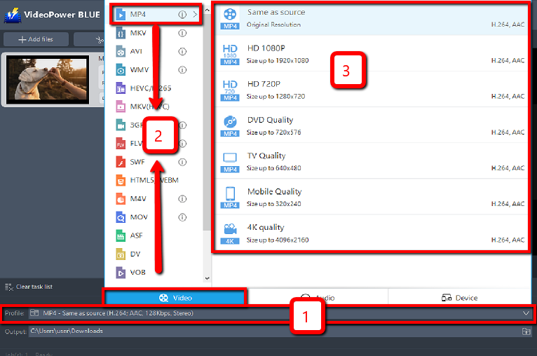 convert ASF to MP4, VideoPower BLUE, output format