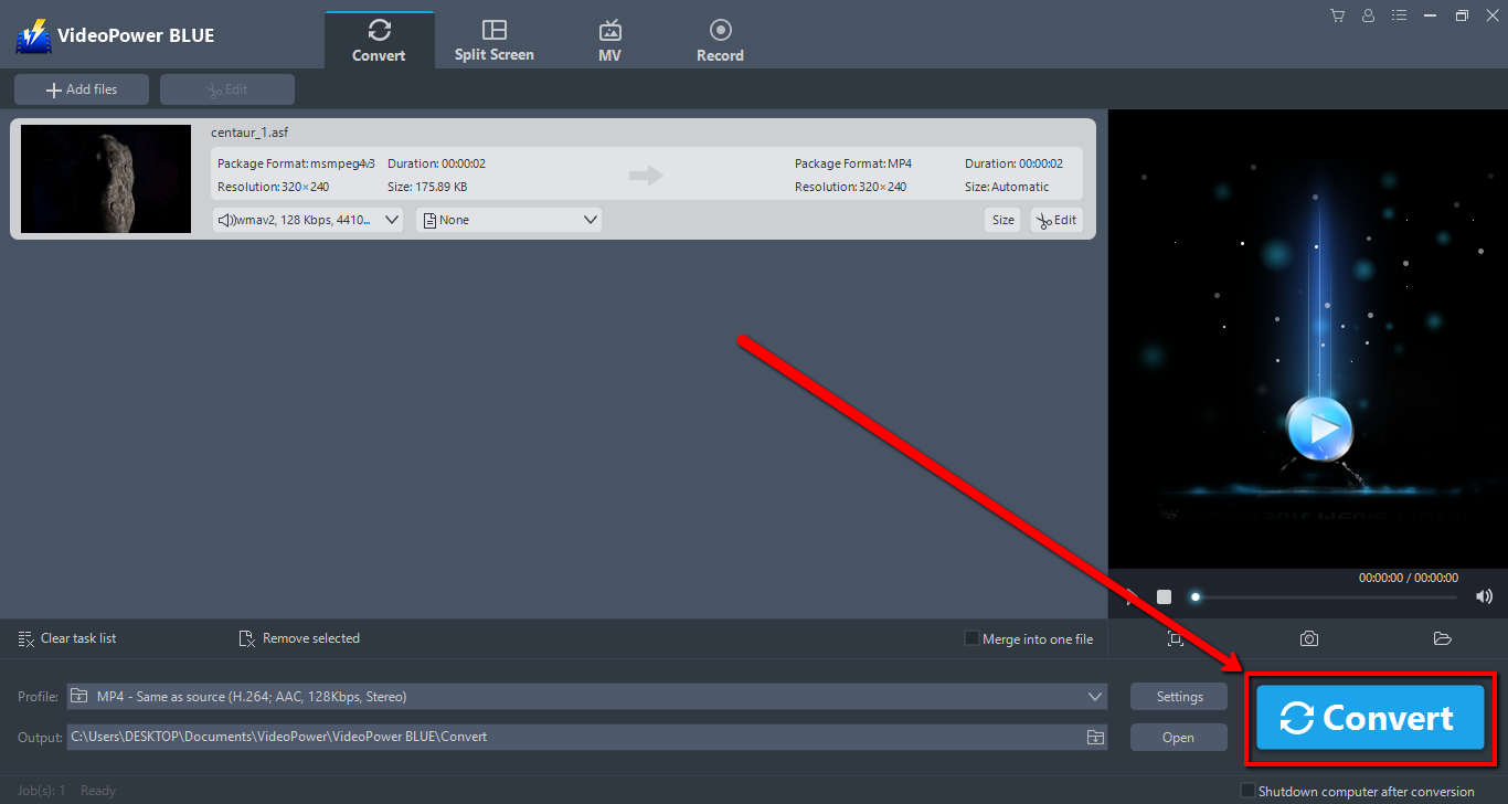 convert ASF to MP4, VideoPower BLUE, convert