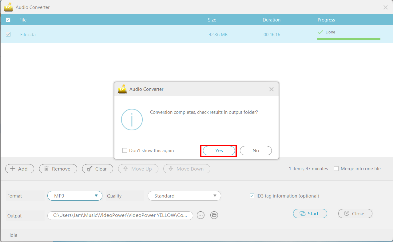 convert CDA to MP3, VideoPower YELLOW, saved audio file