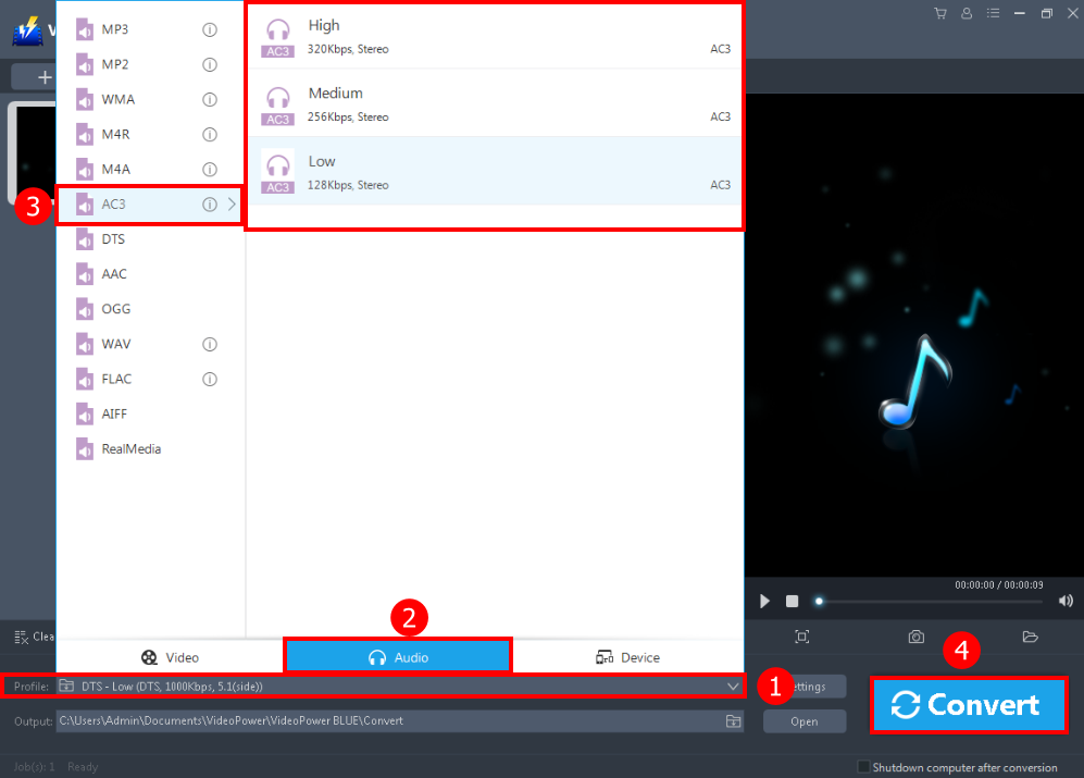 Convert audio, AC3 format songs download, set the format and convert