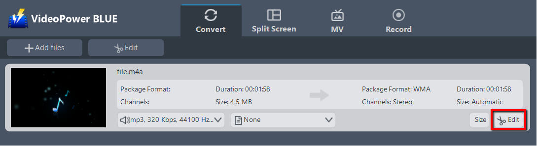 convert M4A to WMA, VideoPower BLUE edit file. 