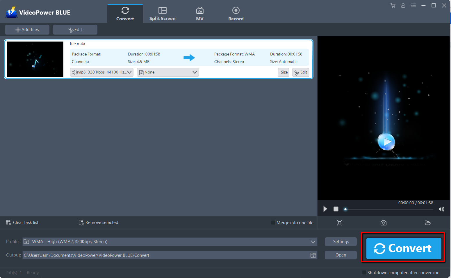 convert M4A to WMA, VideoPower BLUE start to convert M4A to WMA