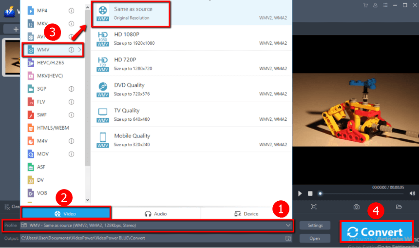 Convert the video, convert MP4 video to WMV file, set the output format