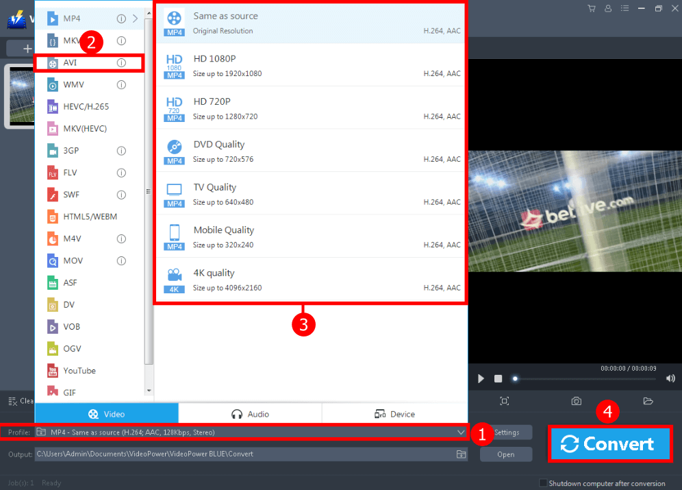 Convert the video, AVI format videos set the output format