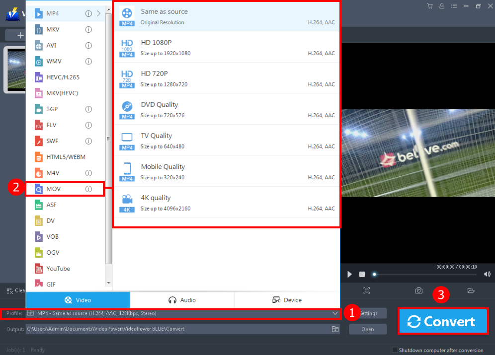 convert video, Convert WMV to MOV file, set the format, and start the conversion