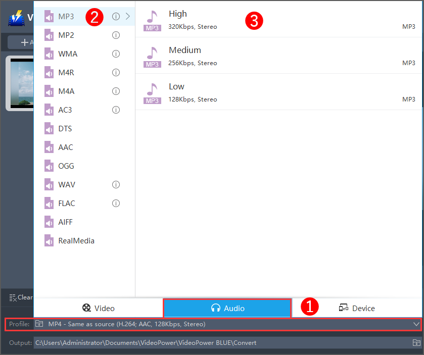 Audio stereo to mono, format to convert, choose output format