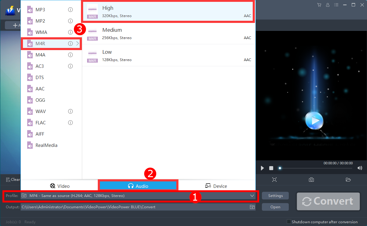 convert video, convert WAV to M4R iPhone, set the format 