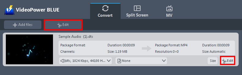Convert audio, convert DTS to AC3 without quality loss, click the edit button