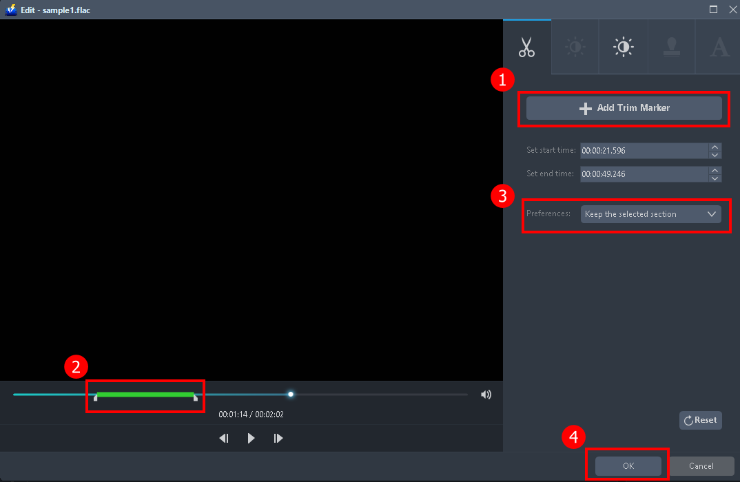 Convert format, audio converter flac to m4a, add trim
