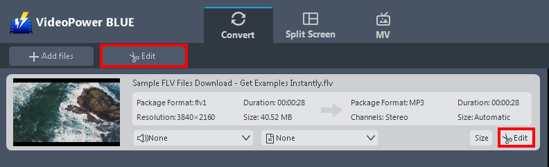 convert FLV to WMV, VideoPower BLUE edit file.