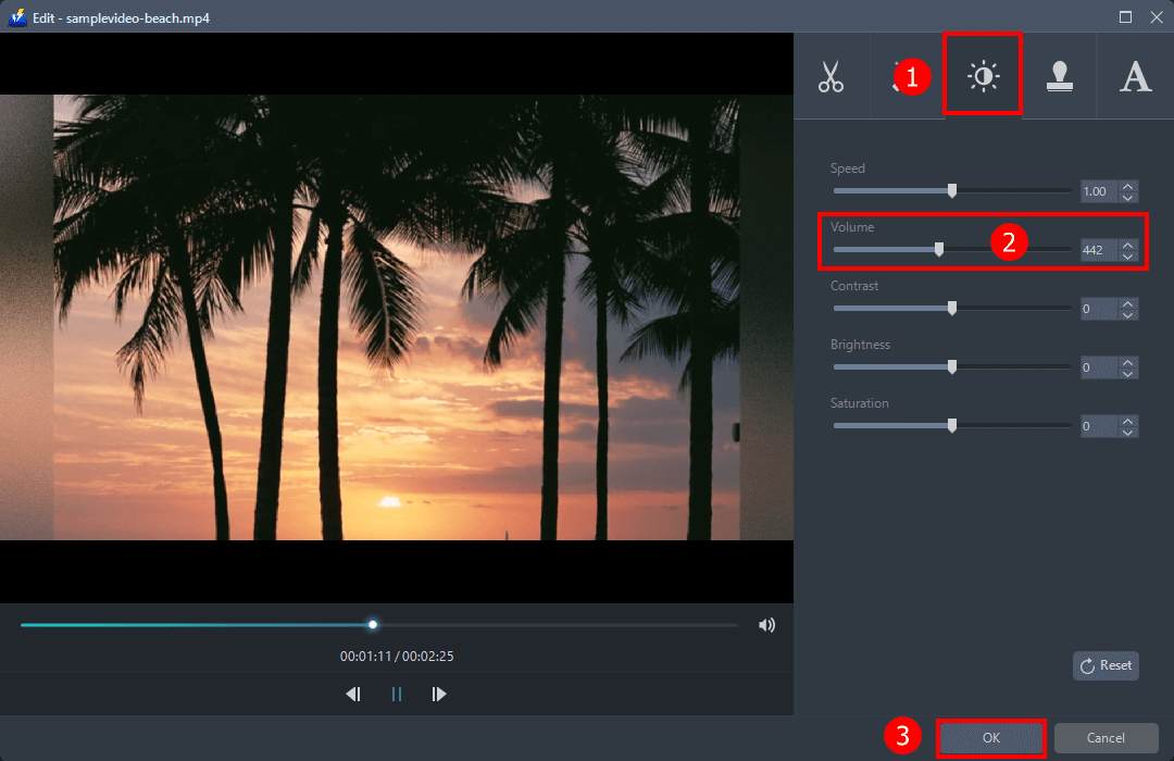 Edit button, how to adjust volume of the video clip, adjust the volume