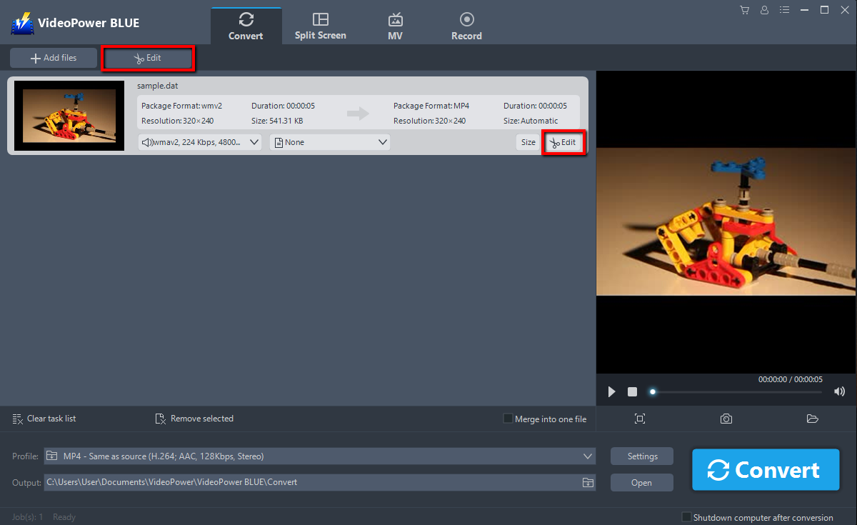 DAT to MP4 converter, VideoPower BLUE, edit
