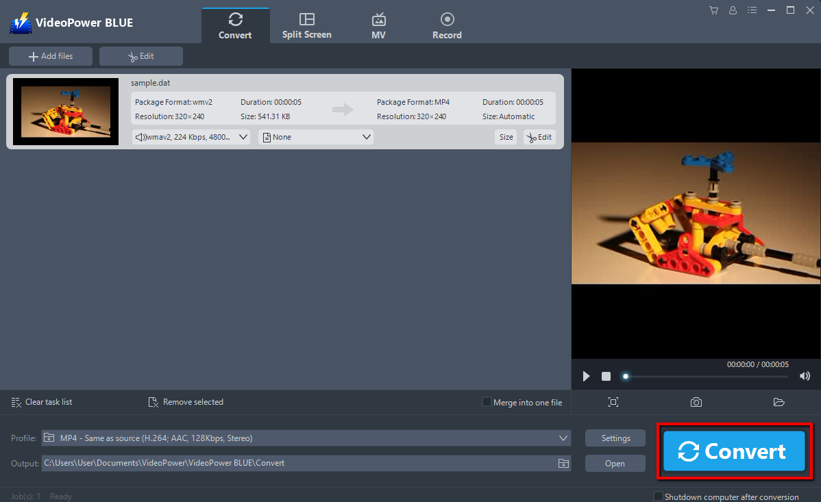 DAT to MP4 converter, VideoPower BLUE, convert
