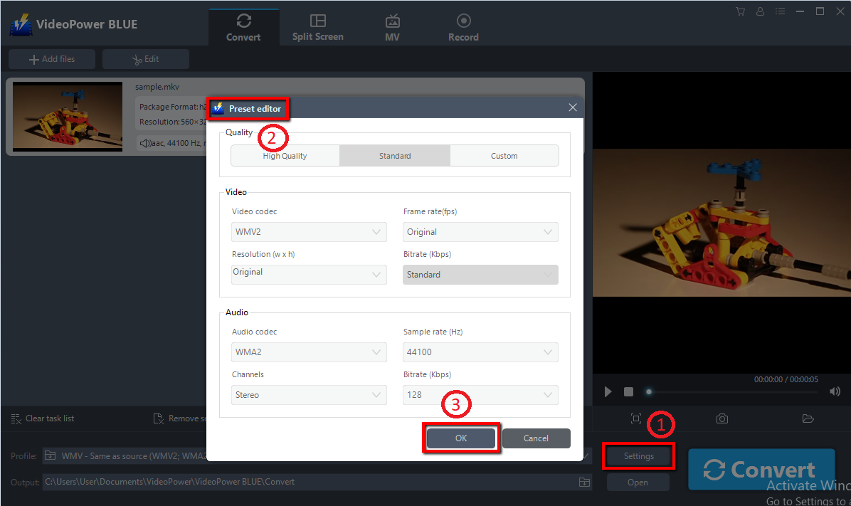 MKV file conversion, VideoPower BLUE, Setting Press Editor