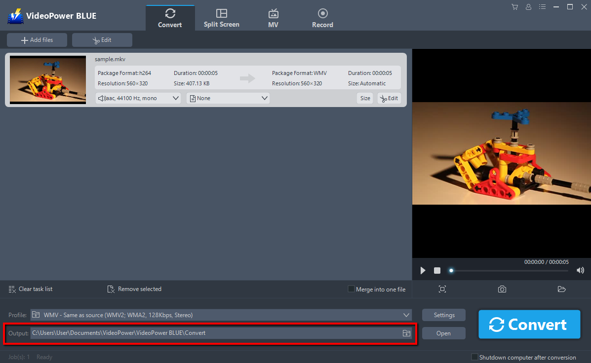 MKV file conversion, VideoPower BLUE, Output location