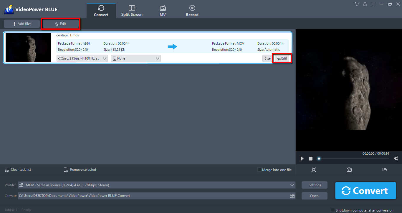 MOV to MP4 Converter, VideoPower BLUE, Edit