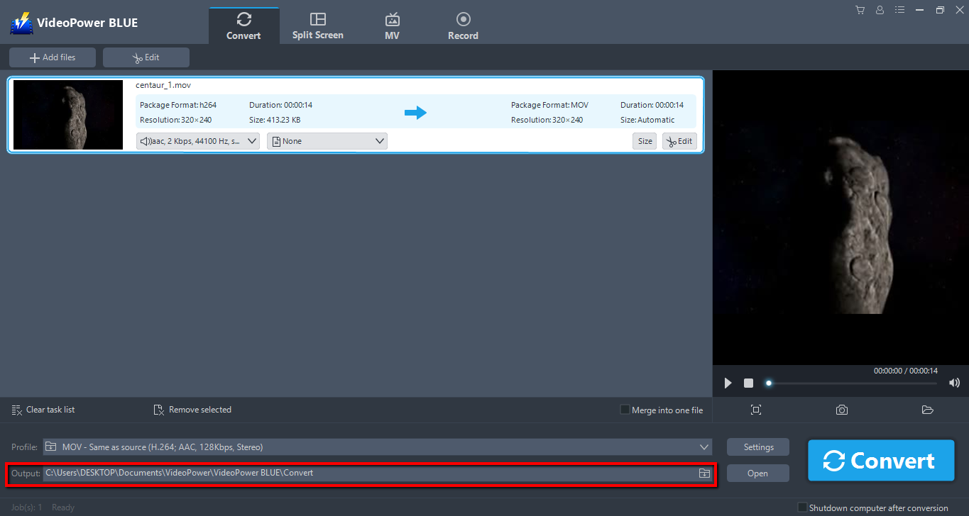 convert Movie Maker to MP4, VideoPower BLUE, Output location
