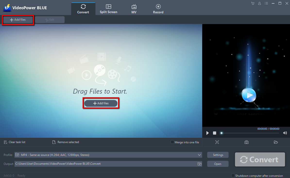 convert Movie Maker to MP4, VideoPower BLUE, add files.