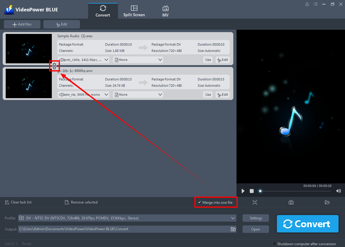 Edit audio, merge audio files software merge added audio clips