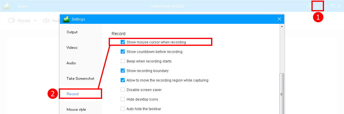 record screen, screen record mouse cursor, adjust the settings