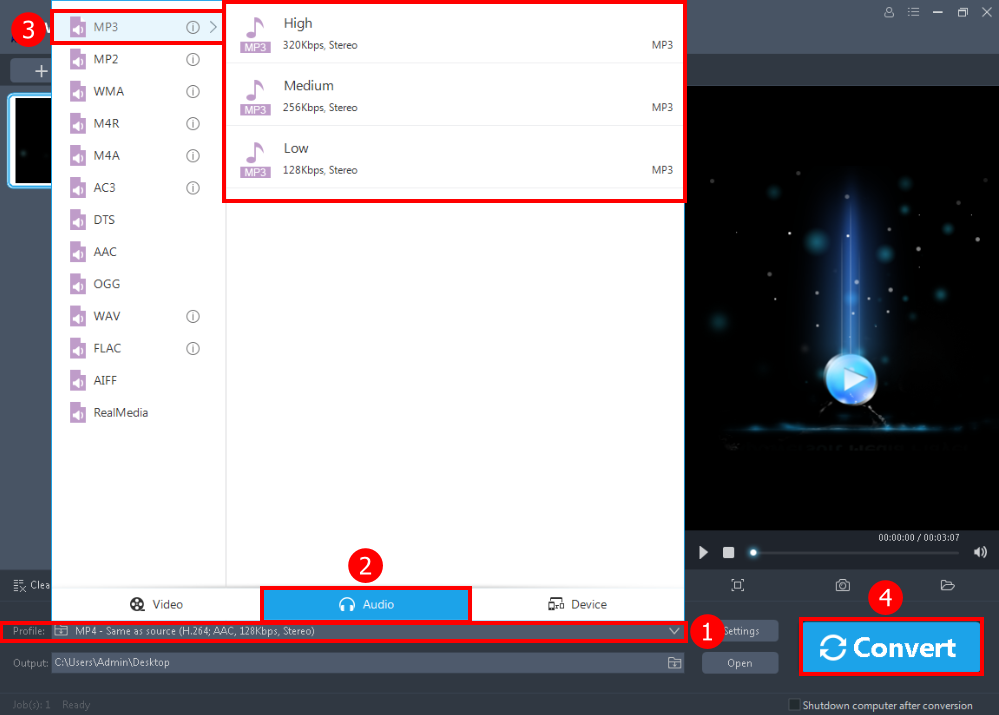 Convert audio, convert AIFF to MP3, set the format and convert 
