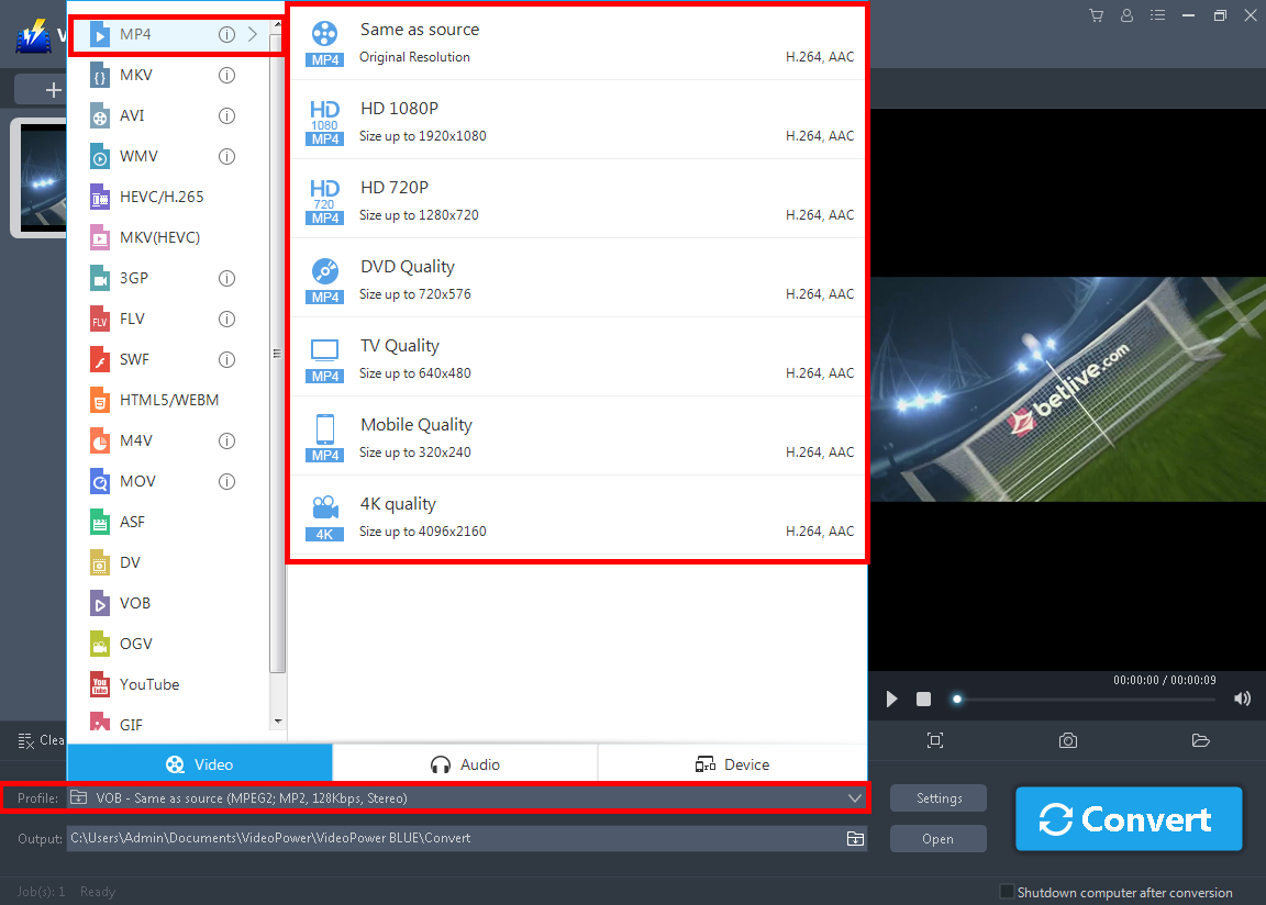 convert video, Convert MTS to MP4 without losing quality, set the format